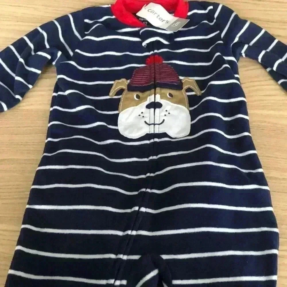 🆕 Carter's Boy's Bulldog Print Footed Fleece Sleepwear Pajamas Navy Stripe🆕